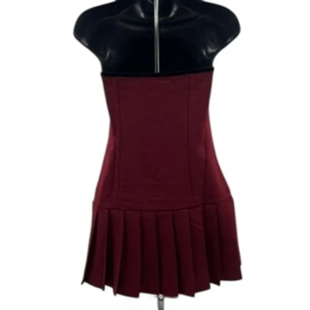 Hyfve Womens Strapless Pleated Mini Dress Burgundy‎ Velvet Trim Bow Size Small